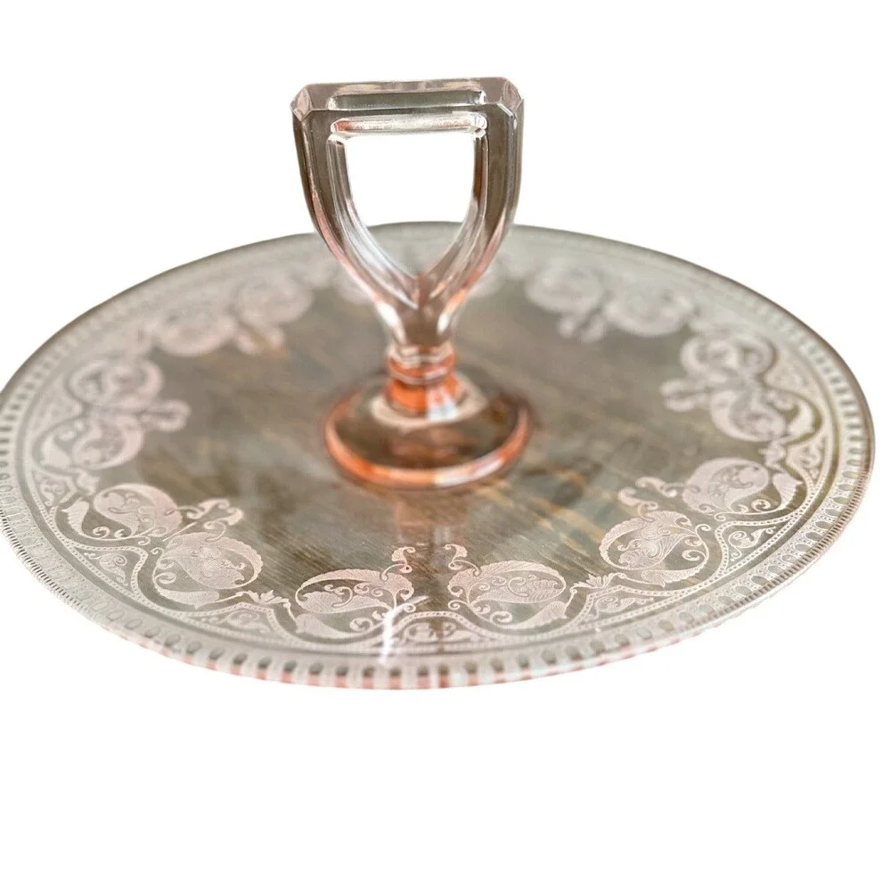 Vintage Pink Depression Glass Center Handle Server Tray Etched Peacock 10.5 In